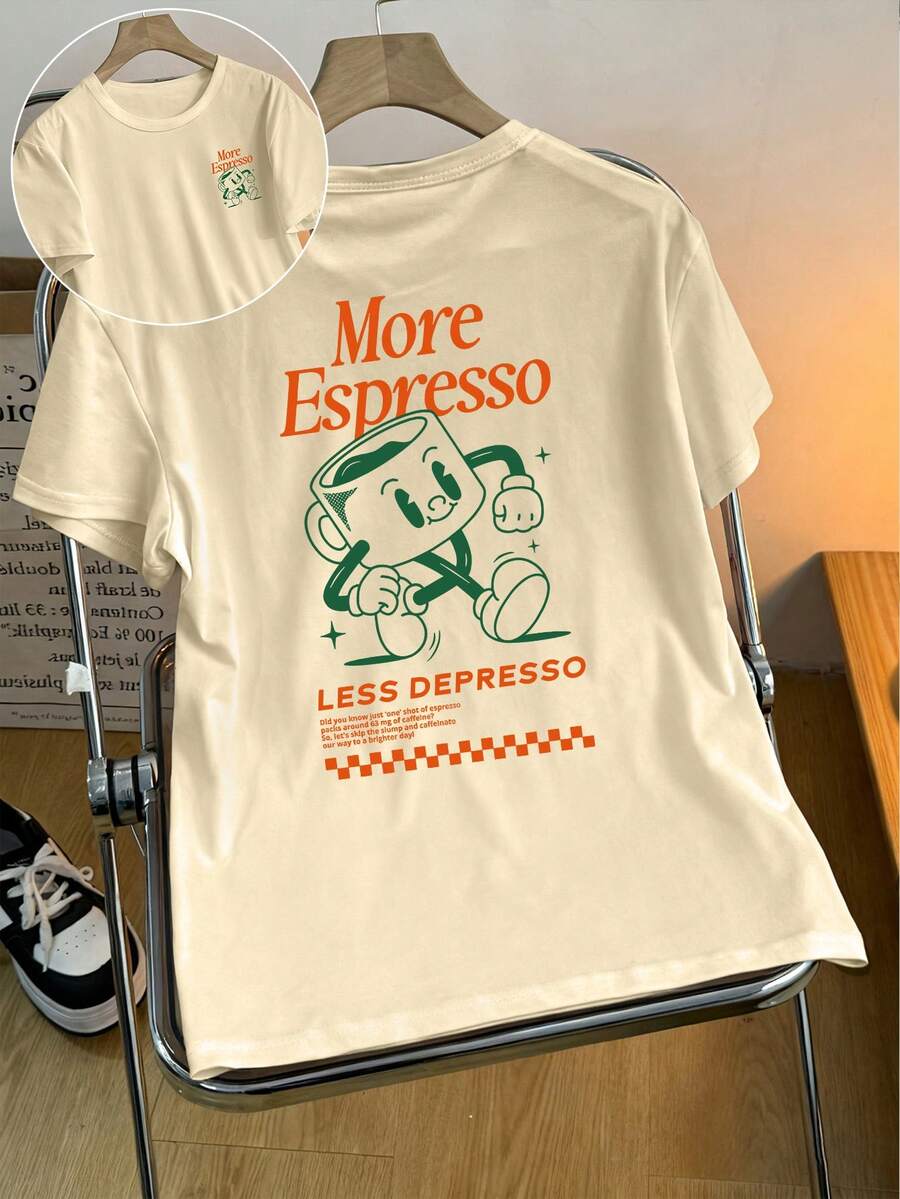 Koszulka Plus Size More Espresso Coffee Club z nadrukiem graficznym, okrągłym dekoltem i krótkim rękawem, damska, letnia, na co dzień