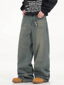 1 pieza Pantalones vaqueros de pierna ancha casuales de ajuste holgado lavados para hombre, estilo coreano/japonés - Bronce - Ver 6