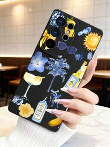 1 pieza Funda de teléfono con diseño de cócteles, palmeras y elementos de playa en estilo veraniego y relajado, ideal para viajes y días soleados, protección elevada para lente con diseño de ojo de cámara, resistente a golpes, compatible con iPhone 17 Pro Max/16/15/14/13/12/11/Plus/Pro/Pro Max, compatible con Galaxy A34/A35/A54/A55, Galaxy S20/S21/S22/S23/S24/S25 Ultra/Plus, compatible con Galaxy/Redmi/Honor/OPPO/ViVo - Negro - Ver 2