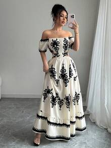Women's Dresses, Printed Maxi Dress With Off-The-Shoulder And Waist Detail, Retro Resort-Style Dress With A Fitted Waist, Boho-Style Maxi Dress That Slims The Silhouette. - Màu be - Xem 10