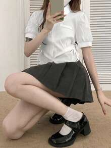女款短袖休閒純色圖案側抽繩襯衫，春夏溫柔極簡腰部抓褶泡泡袖白色女式襯衫 - 白色 - 查看 5