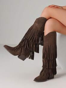 Women's Retro Fringe Knee High Cowboy Boots Fashion Pointed Toe Block Chunky High Heels Pull On Vintage Western Cowgirl Boots - 棕色 - 查看 5