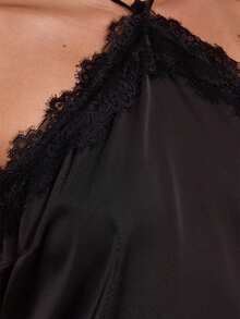 Women Satin Lace Trim Halter Tops Silk Sleeveless Tank Top Vest Y2k Loose Going Out Camisoles Streetwear - 黑色 - 查看 4