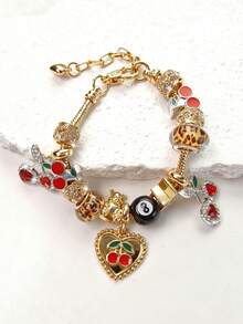 1pc Leopard Print Cherry Pendant Bracelet, Black 8 Ball Cherry Beaded Bracelet Leopard Print DIY Bracelet - Multicolor - View 10