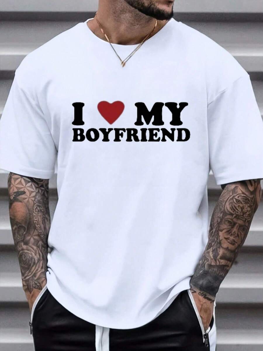 I Love My Boyfriend Graphic Tee,Comfortable Casual Short Sleeve, 220 Grams Heavyweight Cotton Printed T-Shirt,Halloween - 白色 - 查看 1
