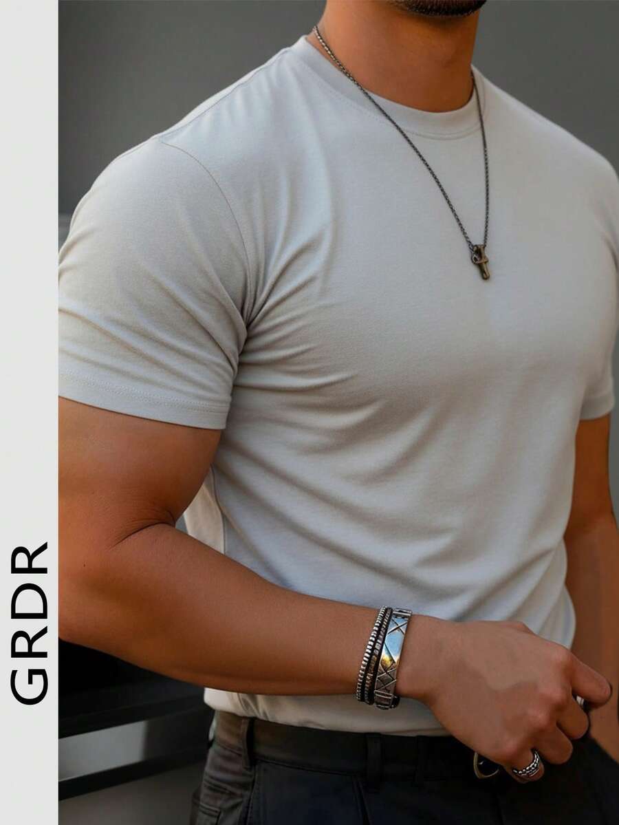 GRDR Men's Fashionable Solid Color Basic Short Sleeve Casual T-Shirt - Light Grey - View 1