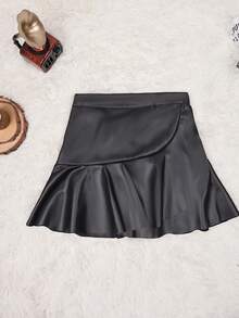 嘉年华辣妹风裹身隐形拉链荷叶边PU皮A字迷你裙，休闲、度假、约会、可爱、修身连衣裙，夏季黑色春季款 - 黑色 - 查看 4