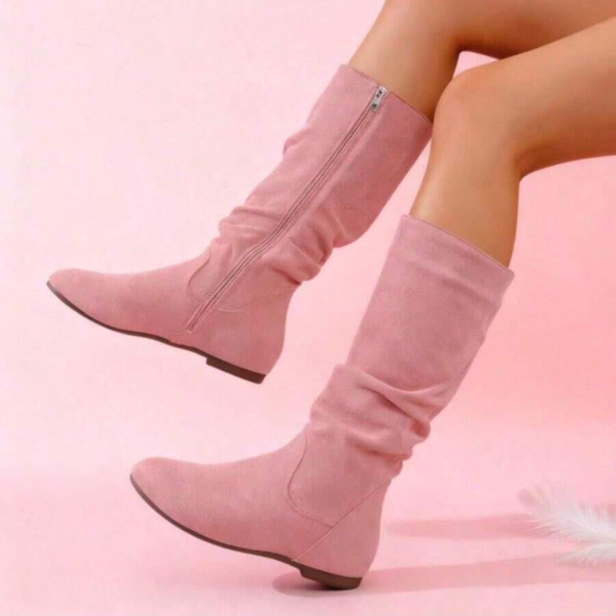 2025 New Women's Solid-Color Fashion Boots: Minimalist Round Toe, Flat Heel & Side-Zip Design-Versatile Mid-Calf & Ankle Styles For Casual Wear - 粉色 - 查看 1