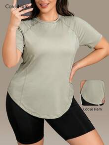 Plus Size Short Sleeve Sports Top, Suitable For Curvy Women, Solid Color, Curved Hem, Raglan Sleeve, Ideal For Christmas Workout Wear - Mint Green - View 5