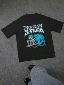 Camiseta para hombre con estampado de calavera y tierra "Depresión Sonora", informal, de manga corta y cuello redondo, para primavera y verano, 100 % algodón, 220 g de grosor.playera de homb - Negro - Ver 2