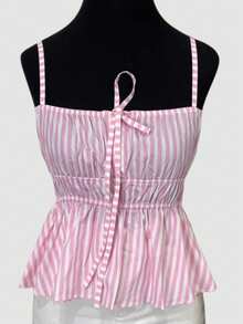 Women's Cropped Peplum Top, Summer Style, With Ruffled Hem. - Pink and White - View 3