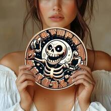 2D Flat Surface, 8inch Bohemian Gothic Style Round Wooden Wall Decoration - 2D Flat Skull And Skeleton Hand Design With Smiling Skull And Broken Moon Face - Black Gold Retro Artificial Wood Board - Pre-Drilled Easy Hanging - Lightweight, 2D Flat Surface, Party Decoration, Dark Decoration, Retro Aesthetics, Lightweight Decoration, Durable Material, Gothic Artwork, Gothic Enthusiasts, Halloween Enthusiasts - 8*8 Inches - View 4