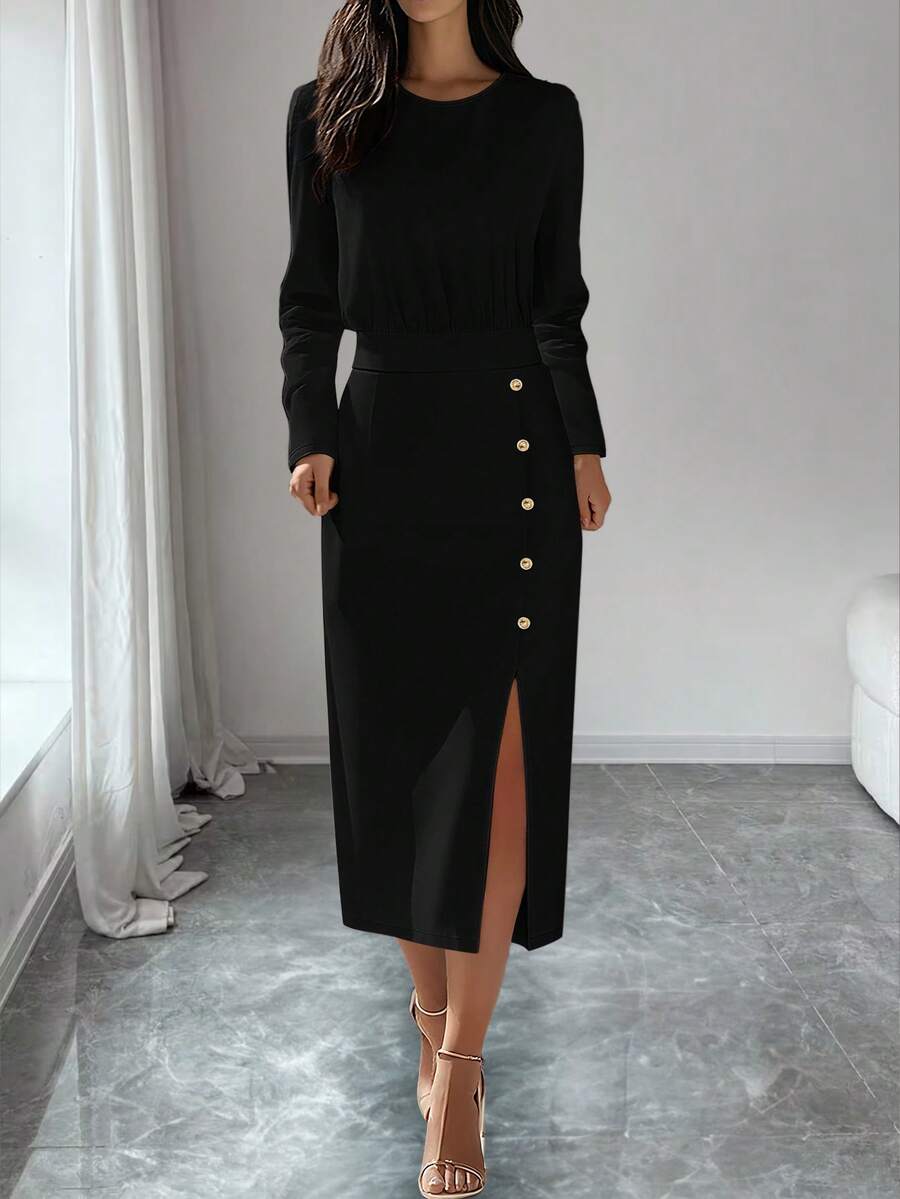 女士优雅长袖中长连衣裙，纽扣细节，侧开衩设计，纯色，适合家庭聚会、约会、通勤等各种场合 - 女士优雅春季连衣裙