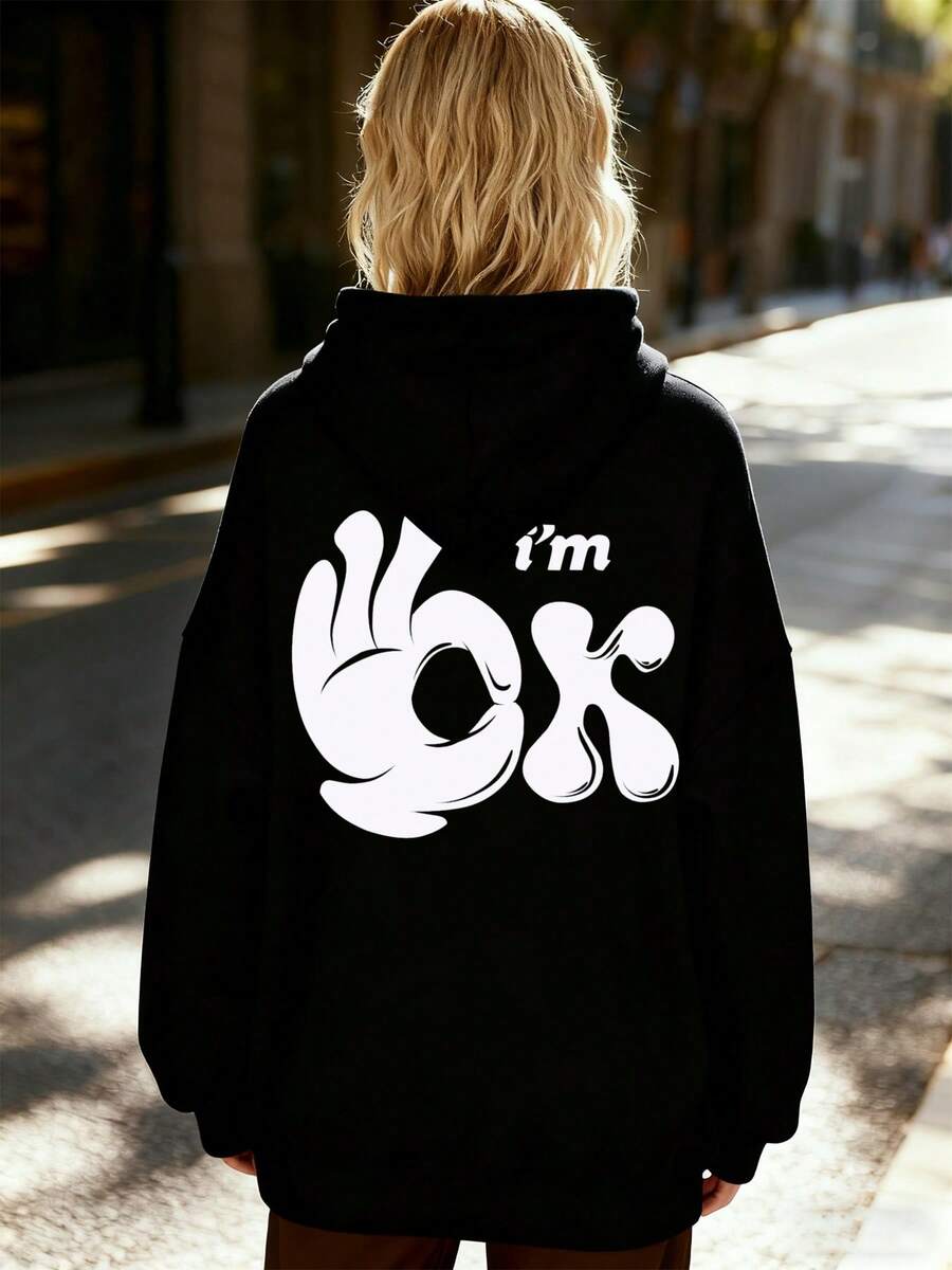 OK Hoodie Black Graphic Hoodies Polyester Women Hip-Hop Streetwear Clothing For Autumn Winter Everyday Styling - 黑色 - 查看 1