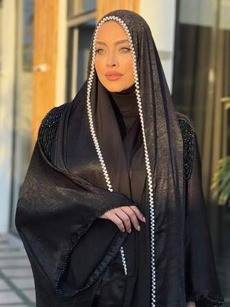 1件装女士新款中东黑色免烫重工串珠头巾，大号穆斯林头巾