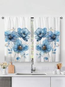 2pcs Abstract Blue Art Floral Print Kitchen Window Curtain, Without Holes Curtain,Refer To Bedroom Office Kitchen Living Room Study Home Decor - Multicolor - View 9