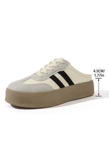 新款女鞋，时尚百搭系带圆头鞋，厚底增高，条纹装饰，纯色设计，舒适软底，休闲鞋，运动鞋，时尚鞋，平底鞋，适合日常穿着和通勤。 - 米色 - 查看 8