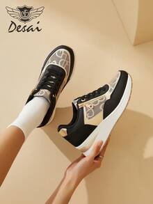 DESAI Women's Thick Sole Sneakers With Side Zipper Design, Printed Pattern, Fashionable Niche Chunky Sneakers, Comfortable & Breathable - Black - View 4