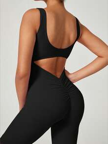 6pecil 女士喇叭形瑜伽连体裤，露背设计，舒适弹力面料，适合瑜伽、健身和跑步 - 黑色 - 查看 4