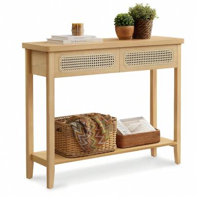  VASAGLE Mesa de Consola para Recibidor, Mesa de Entrada Delgada, Mesa de Sofá con 2 Cajones, Esquinas Redondeadas, Estilo Boho, Beige Roble