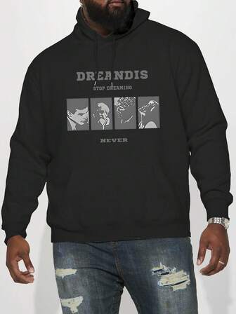 1pc Plus Size Men's Vintage Street Style Graphic Print Thermal Lined Hoodie, Casual Outdoor Wear, Autumn/Winter