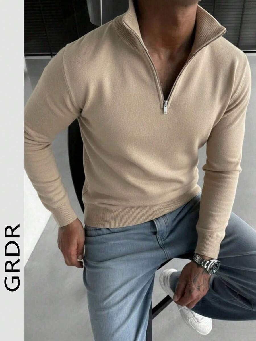 GRDR Men's Casual Long Sleeve Half Zip Knit Sweater, Versatile For Daily Wear - Camel - View 1