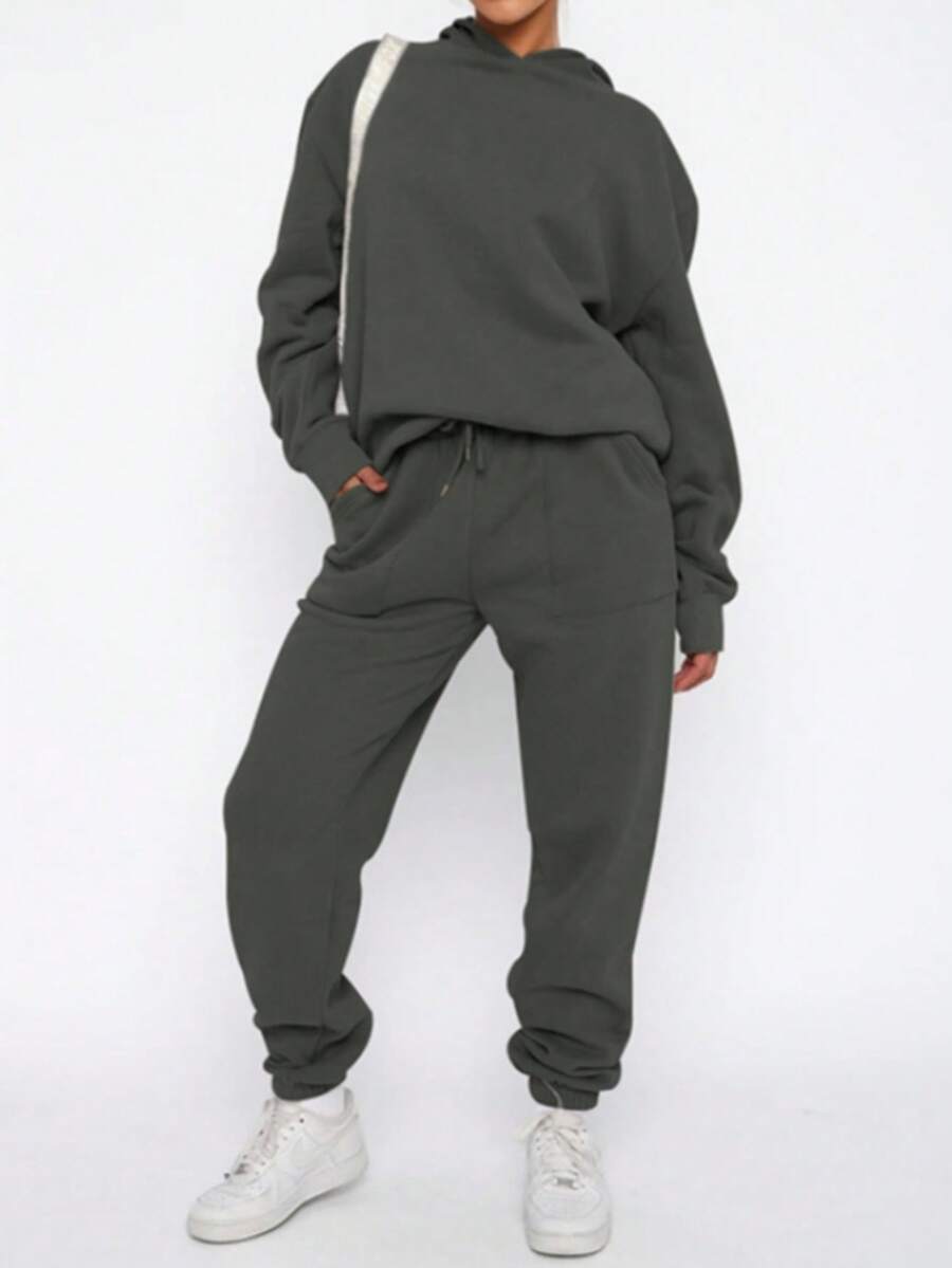 Women's Casual Hooded Long-Sleeved Sweatshirt And Pants Two-Piece Set With Drawstring Details And Practical Pockets, Suitable For Everyday Sports And Outdoor Wear. - 深灰色 - 查看 1