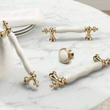 1pc Golden Ceramic Handle, European Style Simple Cabinet Wardrobe Door Handle, Solid Round Drawer Furniture Handle - Multicolor - View 4