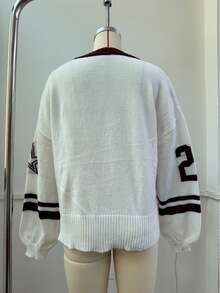 Damski top sportowy w blokach kolorów, sweter z długim rękawem i dekoltem w serek, paski w blokach kolorów, żakard ze wzorem liczbowym, do uprawiania sportu i aktywności na świeżym powietrzu, sweter damski, na siłownię i do biegania.