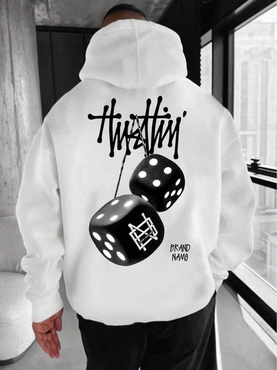 Men's Loose Black And White Dice Print Hoodie With Back Pattern And Him Him Words - Soft Loose Street Style Sweatshirt, Fun Casual Urban Pullover, Suitable Halloween, Thanksgiving, Games, And Casual Outfits - Durable Heat Transfer Print Hoodie - 白色 - 查看 1