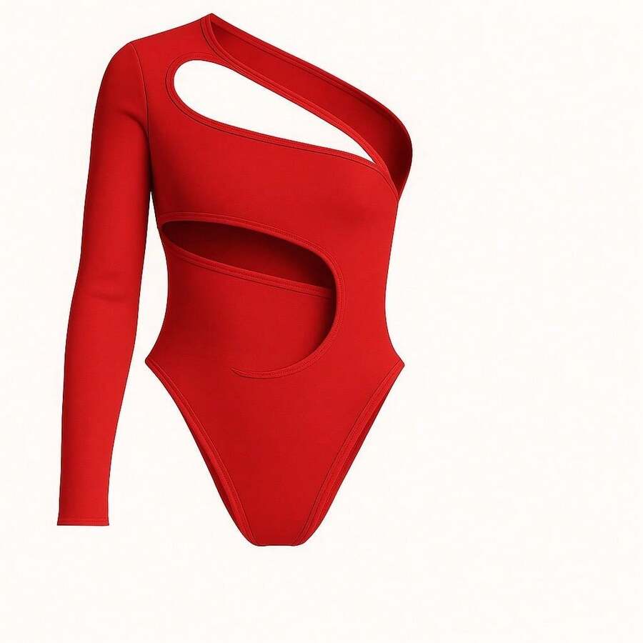 Women's Cutout Bodysuit, Fashionable Foreign Style, Long Sleeve, Polyamide, Spandex, Stylish - 紅色 - 查看 1