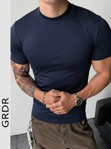 GRDR Men's Fashionable Mock Neck Short Sleeve T-Shirt | Exquisite Design | Summer Essential | Easy To Match | Showcase Your Style - Navy Blue - View 7