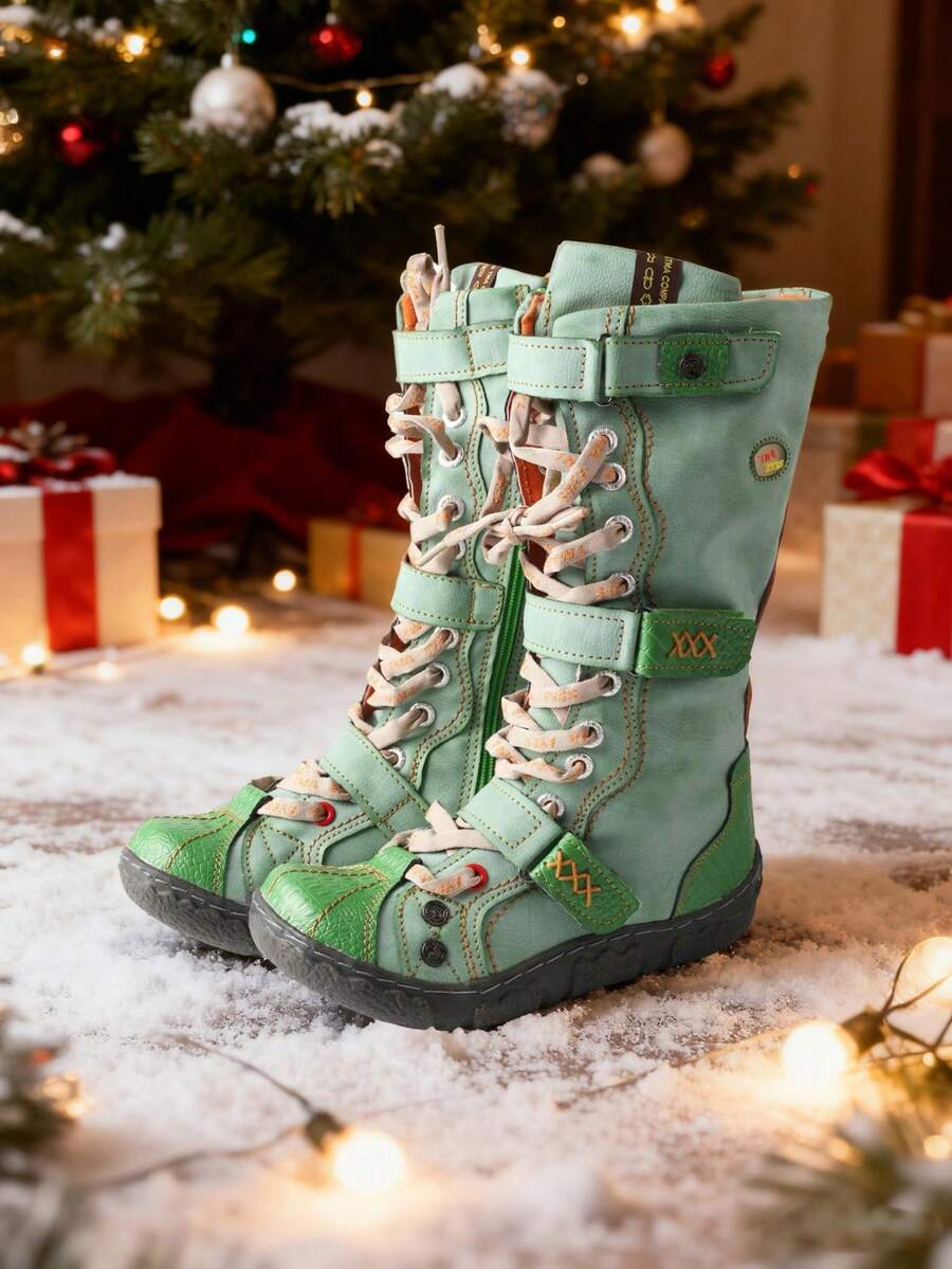 1 Pair TMA EYES Women's Green Retro Leather Boots - Lace Up And Side Zipper Design, Non Slip, Autumn And Winter Retro Style,Boots For Women - 綠色 - 查看 1