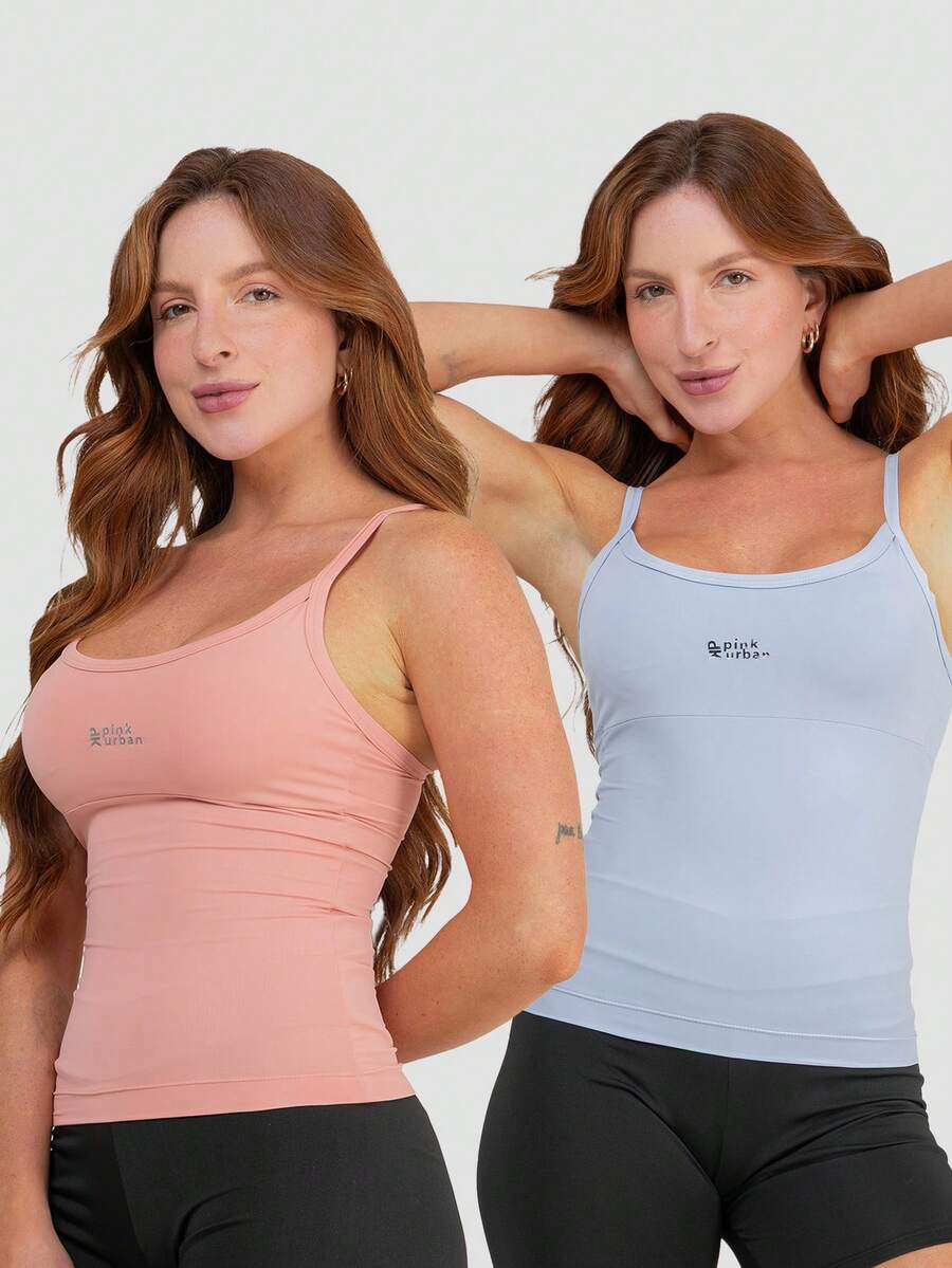 Kit Of 2 Women's Plain Polyamide Tank Tops With Thin Straps, Slim Fit, Summer Gym T-Shirt - 藍色 PK + 裸色 PK - 查看 1