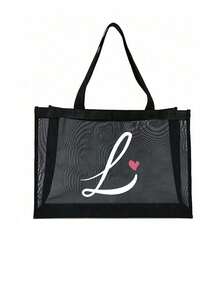 Pink Heart Shaped Alphabet Letter Print Mesh Tote Bag, Alphabet Beach Bag, Foldable Handbag, Women's Mesh Tote Bag, Shoulder Bag, Suitable For Beach, Vacation And Shopping, Large Capacity Handbag, Gift For Family And Friends, Unisex, Suitable For Couples, Daily Use, Dating, Birthday, Holiday, Back To School, Vacation, Travel, Commuting, Business, Students, Picnic, Camping, Supermarket, Daily Storage, Holiday Gift (Black) - Multicolor - View 18