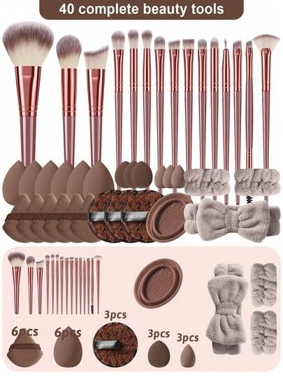 40件套专业化妆工具套装 - 15支柔软合成纤维精准化妆刷 + 25个无乳胶完美晕染海绵，多功能人体工学设计，适用于粉底、眼影、腮红等，是日常妆容和专业沙龙的理想之选。
