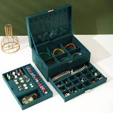 1pc Velvet 3-Layer Jewelry Storage Box, Luxurious Christmas Pink High-End Delicate Necklace Earring Gold Jewelry Box, Large Capacity Multi-Layer Accessory Box, Suitable For Halloween, Thanksgiving, Christmas Gifts - Multicolor - View 3