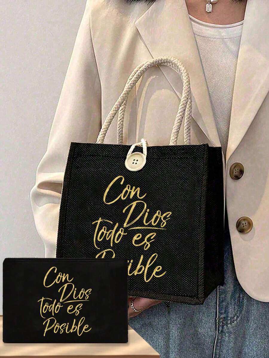 基督教主题帆布手提袋，时尚“Con Dios Todo Es Posible”（在上帝面前，万事皆有可能）帆布手提袋，可重复使用印花手提袋，女士双提手购物书包，大容量单肩包，休闲手提袋，圣诞节收纳袋