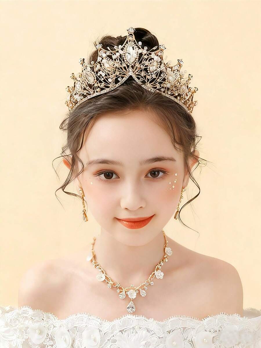 4件套青少年首饰套装，公主项链套装，皇冠项链套装，水晶花朵派对头饰，豪华皇冠项链礼盒，适合节日、晚会、活动的婚礼配饰 - 金色 - 查看 1