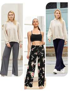 4Pack Wide Leg Palazzo Pants For Women - High Waist Casual Beach Lounge Pants Loose Dress Pants Stretchy - Black + Black + Black + Black - 查看 5