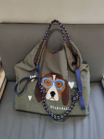 1pc New Fashion Large Size Towel Embroidered Beagle Pattern Lightweight Nylon Large Capacity Tote Bag, Suitable For Party, Travel, Shopping And Beach Use