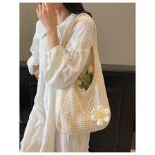 [Free Shipping] Boho Crochet Beach Bag, Woven Straw Tote For Women, Handmade Style Vacation & Market Bag, Lightweight For Seaside, Picnic, Shopping, And Summer Holiday , Crochet - 米色 - 查看 3