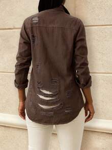 Áo khoác denim nữ dáng lửng, phong cách thường ngày, kiểu dáng rách rưới, thích hợp cho mùa thu xuân. - màu nâu - Xem 2