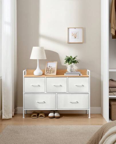 Chest Of Drawers For Bedroom, 5 Fabric Drawers With Handles, Storage Organiser Unit, For Living Room, Hallway, Steel Frame, Cloud White And Oak Beige