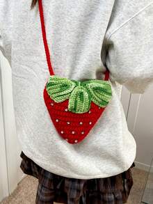 Cute Mini Strawberry Diamond Coin Purse Handmade Crochet Crossbody Bag Shoulder Bag Fruit Bag - Red - View 3