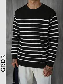 GRDR Men's Classic Shoulder Striped Long Sleeve Sweater, Versatile Knit Pullover For Daily Wear - Black - View 2