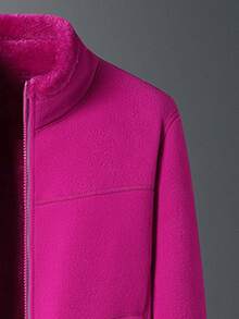 Jaket Fleece Bolak-balik Wanita GRIM PANDA, Mantel Soft Shell Dua Sisi dengan Kantong Resleting, Jaket Fleece Kerah Tegak untuk Olahraga Musim Gugur - Hot Pink - View 4