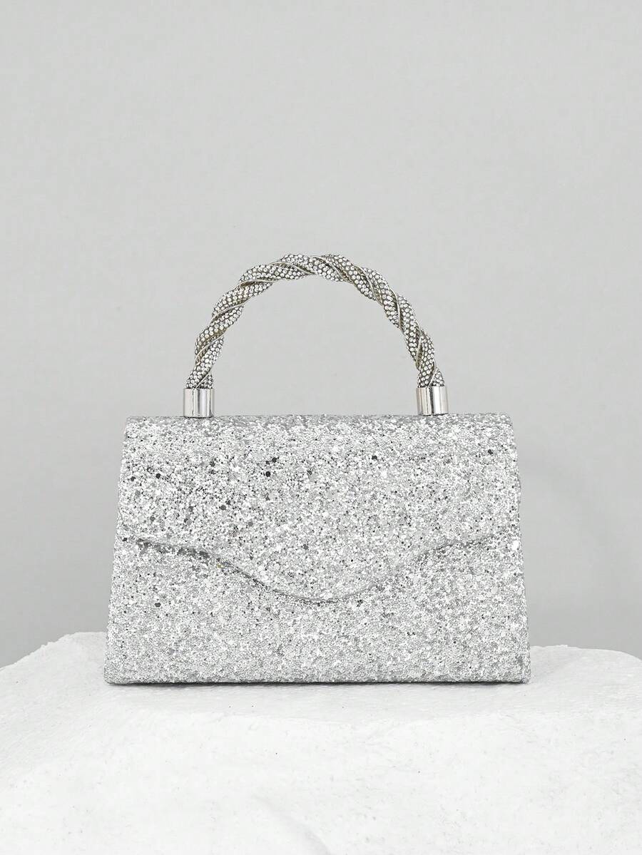 1 件 Nocturne 手袋，时尚优雅的亮片水钻手提包，配有肩带，晚宴手拿包 - 銀色 - 查看 1