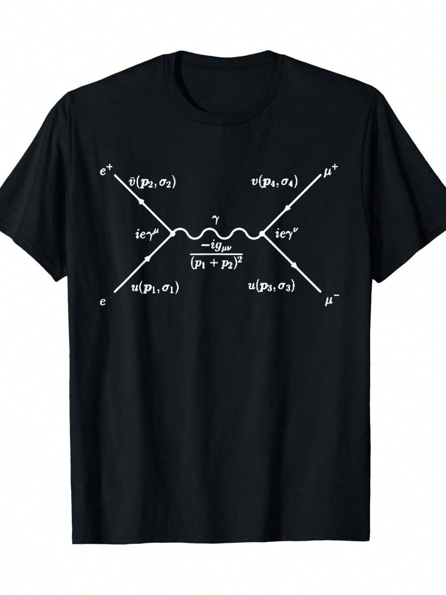 Men's Physics-Themed Feynman Diagram T-Shirt - Electron-Positron Annihilation Equation, Science Geek Apparel For Physics Enthusiasts & Particle Physics Fans, Casual Round Neck Short Sleeve Tee, PLUS SIZE - 黑色 - 查看 1