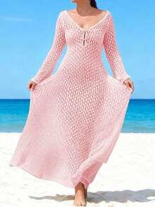女式大码新款时尚性感沙滩度假休闲镂空长袖中长款金属钉纽扣针织宽松连衣裙，春夏秋 - 粉色 - 查看 1